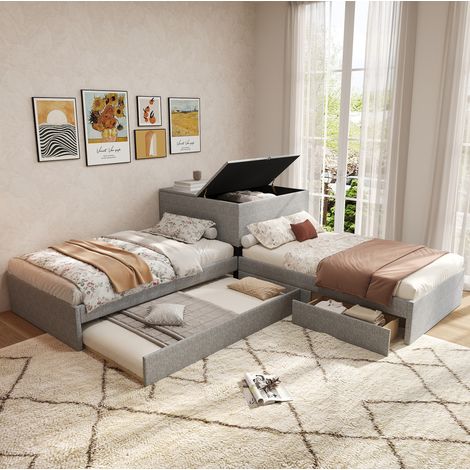 Lit 90x200 cm avec lit gigogne, rangement, en lin gris HAVRYA (1/5)