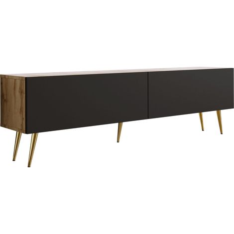 Meuble TV : Chêne Wotan / Noir Mat, pieds dorées, 170 x 52 x 32 cm (1/5)