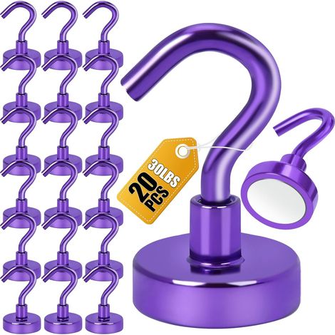 Ganchos magnéticos para refrigerador, potentes imanes de suelo con ganchos, soportes magnéticos (paquete de 20 - morado) (1/5)