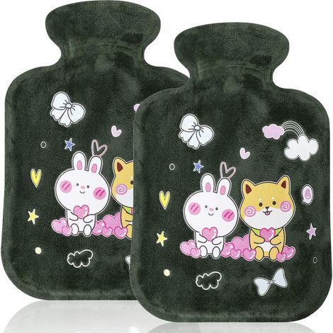 Lot de 2 bouillottes en silicone, bouillotte pour enfants avec housse en peluche douce, idéale pour les voyages, pour garder les mains, les pieds, le corps et la nuque au chaud (vert foncé). (1/5)
