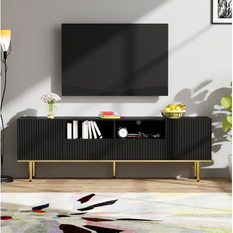Mueble TV 165 x 36 x 55 cm de paneles de madera negros y dorados con almacenaje FloraGrace (1/5)