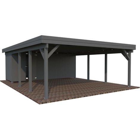Carport en bois 40,6 m² pour 2 voitures – Abri latéral fermé 10,7 m² – Hauteur passage 2,21 m – Toiture plate en voliges bois massif – Palmako (1/3)