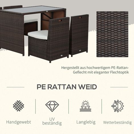 Ensemble salon de jardin Outsunny 5 pièces en résine tressée, mobilier de terrasse imperméable pour 4 convives, incluant table, 4 chaises, coussins, set de jardin et espace repas, teintes brun et kaki (1/4)