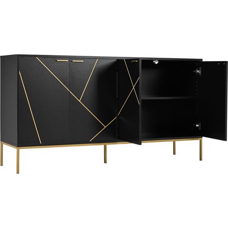 Credenza a 4 ante con piedi in metallo, mobile TV nero e oro 150 x 40 x 80 cm (1/5)