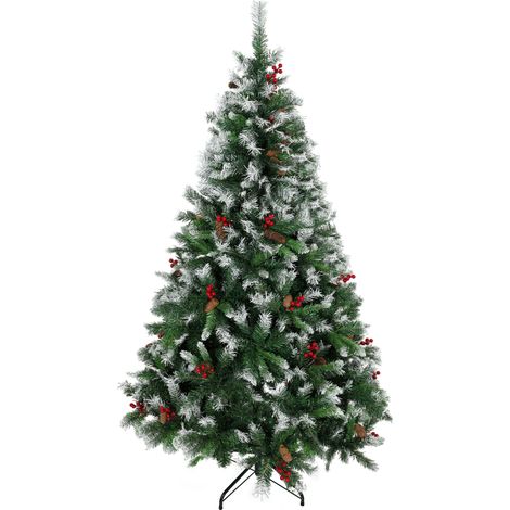 HOMCOM árbol de Navidad 180 cm, árbol de Navidad artificial nevado con 840 ramas, bayas rojas, piñas, base de acero plegable, montaje rápido, verde (1/5)