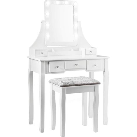 COSTWAY Toeletta Trucco con Specchio Girevole a 360° e 10 Luci LED, Postazione Trucco con Sgabello Imbottito, 5 Cassetti e Organizzatori, Tavolo da Trucco Moderno, 136x80x40cm, Bianco (1/5)