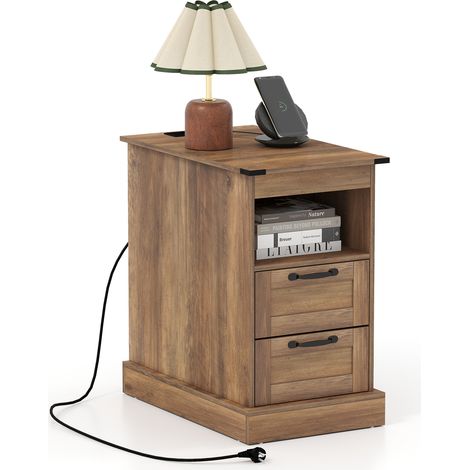 Table de Chevet avec Prise, Table de Nuit Connectée avec 2 Tiroirs MDF, 2 Prises, 2 Ports de Charge, Compartiment, Marron