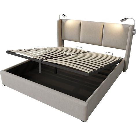 Cama con canapé 180 x 200 cm de lino beige con luces LED de lectura y puertos USB (1/5)
