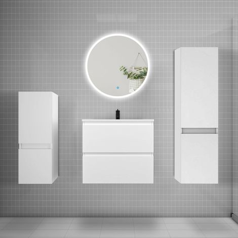 Ensemble meuble vasque L.60cm 2 tiroirs + lavabo + LED miroir rond 60cm + 2colonne,blanc