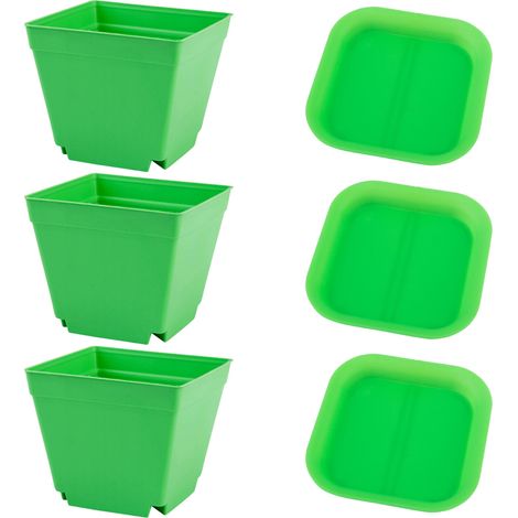 3 pots de pépinière carrés avec soucoupe, 10 x 10 x 8,5 cm, plastique résistant aux UV, pour semis, bureau et balcon (1/5)