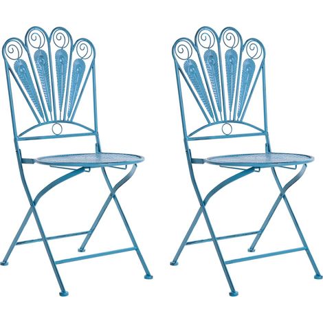 Set of 2 Garden Chairs Blue Metal Iron Frame Folding Vintage Style Outdoor Peacock Motif Distressed Effect PAVIA (1/5)