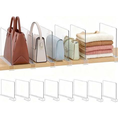 Estantes divisores ajustables de acrílico transparente de 8 piezas para armario: organizado，jeans y zapatos en estantes de madera，8 piezas，madera (1/5)