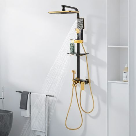 Robinetterie de douche noire et dorée, ensemble de douche à effet pluie – fixation murale, réglable, 30x20cm pommeau supérieur (1/5)
