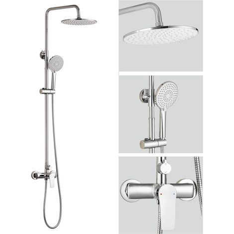 Auralum Max Columna de Ducha con Grifo, Rociador Redondo Ø250 mm, Teleducha 3 Modos, Barra de Ducha Acero Inoxidable Ajustable, Compatible con Instalación Existente, Alta Presión, Diseño moderno, Crom (1/5)