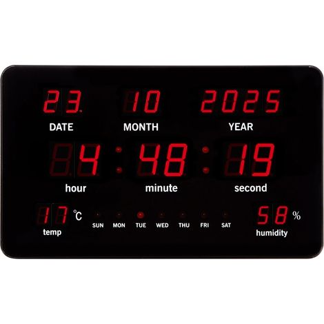 Perel Digitale LED-Wanduhr schwarz mit großen roten LED-Ziffern, Anzeige von Uhrzeit Datum Temperatur und Luftfeuchtigkeit, Thermometer und Hygrometer ideal für Büro oder Klassenzimmer