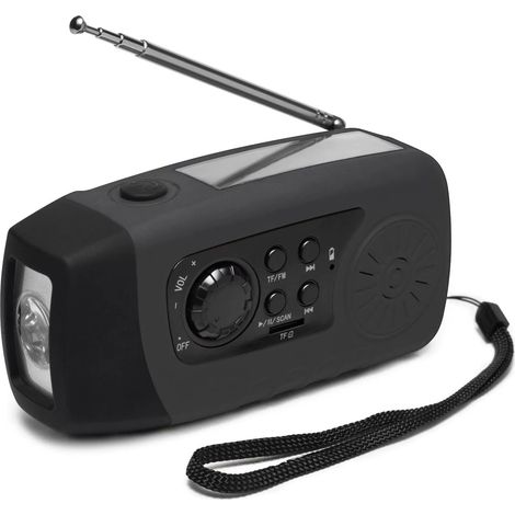 Filiyano – lampe torche avec câble – Radio solaire, 2000 MAH, radio à recharge d'urgence avec manivelle, radio FM, lampe torche avec câble USB (noire)