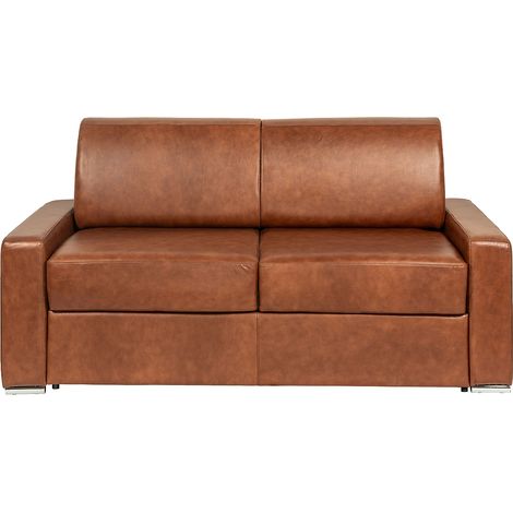 Canapé 4 places convertible express en cuir de buffle vintage caramel - Couchage à lattes larges 160 cm - Matelas 22 cm avec mémoire de forme CALITO (1/4)