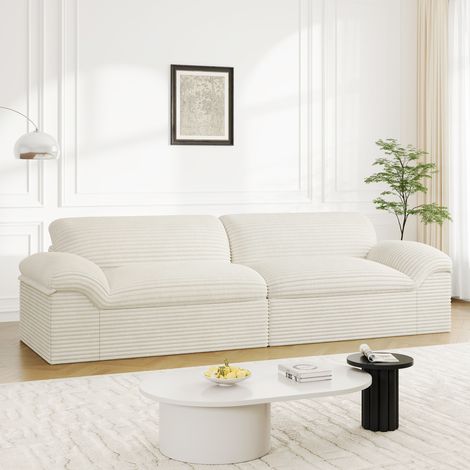 Canapé modulable compressé 3 Places en Velours Côtelé,Design scandinave,Sans assemblage,Mousse haute densité,260x103x80cm,Blanc crème