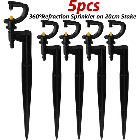 (c-5pcs) 5 arroseurs rotatifs à 360° pour micro-irrigation, montés sur un piquet de 20 cm avec raccord cannelé 1/4", pour pelouse, ferme et serre. (1/4)