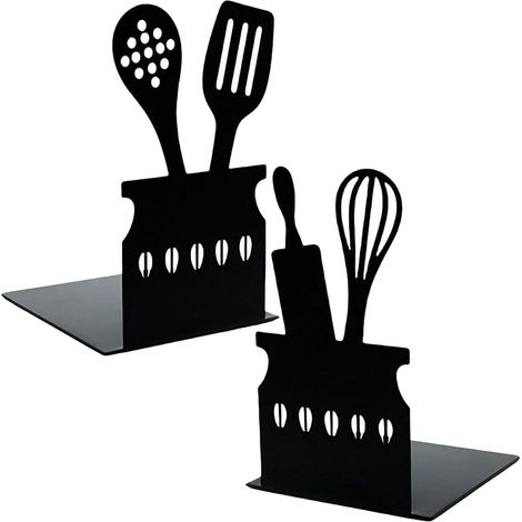 Lot De 2 Serre-Livres Originalux Formes Mixer Et Spatule en Métal Noir 15x10 Cm Rangement Livres pour Cuisine, Bureau, Salon pour CD, DVD Magazines Et Manuels De Cuisine (1/5)