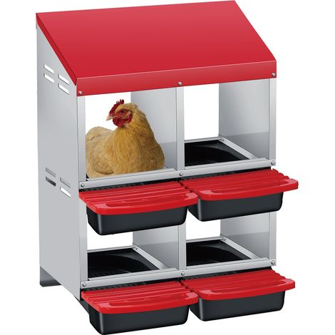 Pondoir Poules Pondeuses 4 Compartiments, Pondoir pour Poules Nichoirs avec perchoir, antirouille, Nichoir 2 Niveaux, Antirouille, Étanche, Ventilé, Rouge (1/5)