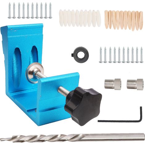 Set aus 46 robusten und präzisen blauen Aluminium-Winkelbohrlehren für Holzbearbeitung und Heimwerkerprojekte. (1/5)