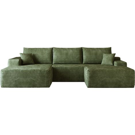 Sofá modular en L de 270 cm verde con chaise longue, tejido de pana, sin montaje (1/5)