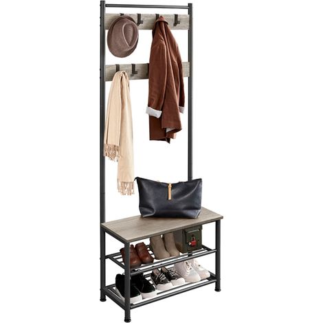 Yaheetech Stand Appendiabiti in Legno Vintage, Attaccapanni con Scarpiera a 3 Ripiani, Appendiabiti Autoportante Portabiti per Salotto e Soggiorno Stile Industriale Altezza 185 cm Grigio (1/5)