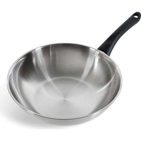 Poêle wok en acier inoxydable de 28 cm, compatible induction, finition satinée, poignée de maintien au frais, lavable au lave-vaisselle, argent (1/5)