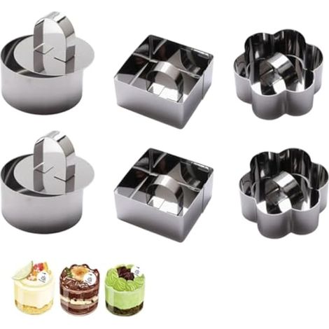 Ensemble de 6 moules en acier inoxydable, cercles à tarte de 8 cm, 3 modèles argentés, pour la confection de biscuits, beignets et pâtisseries. (1/5)
