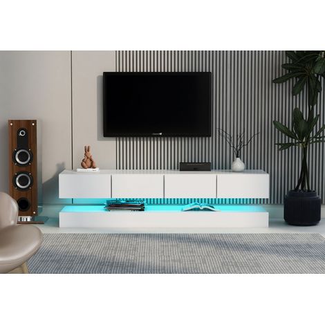 Meuble TV mural LED, support téléviseur avec 2 armoires et 4 tiroirs spacieux, éclairage intégré, convient aux écrans jusqu'à 55 pouces, finition blanche, dimensions 130 x 33 x 15 cm (1/5)