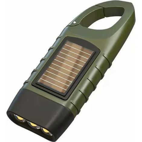 Lampe de poche rechargeable à manivelle, lampe de poche à LED solaire, lampe de poche à dynamo, lampe de secours extérieure, lampes de camping portables, avec mousqueton suspendu (vert) (1/5)