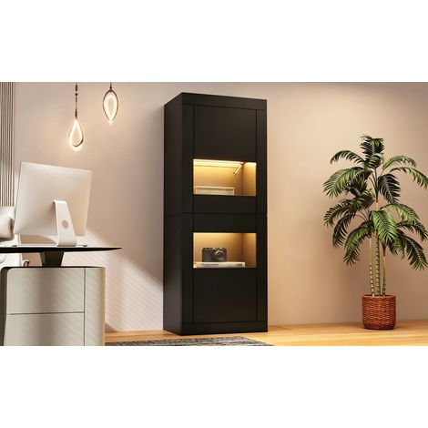 Vitrine autoportante noire avec éclairage LED, 1 étagère en verre, 61x42x162 cm, meuble haut de rangement, armoire de stockage. (1/5)