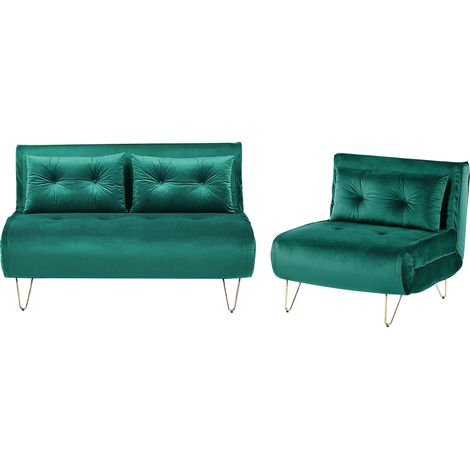 Conjunto de sala de estar 3 plazas de terciopelo verde oscuro dorado cojines Vestfold (1/5)