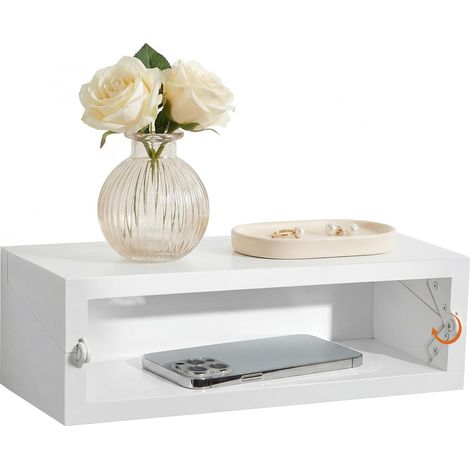 Table de Chevet Suspendue Blanche Pliable Bois Pin Étagère Murale Préassemblée, table de nuit murale en pin massif, plateau rabattable, ferrure en métal, 32 x 22,5 x 10 cm, compacte (1/5)