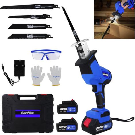 Scie alternative sans fil 21V, scie alternative sans balais, équipée de 2 batteries de 1,5 AH, 4 lames de scie, 1 boîte à outils, vitesse variable de 0 à 1900 tr / min, adaptée à la coupe de tuyaux en