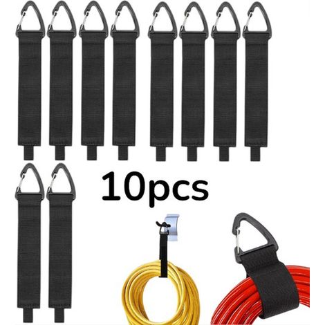 Lot de 10 sangles à mousqueton avec crochets Velcro robustes, sangles de rangement noires, crochets pour corde avec Velcro, organiseur de sangles Velcro avec boucle triangulaire noire. (1/5)