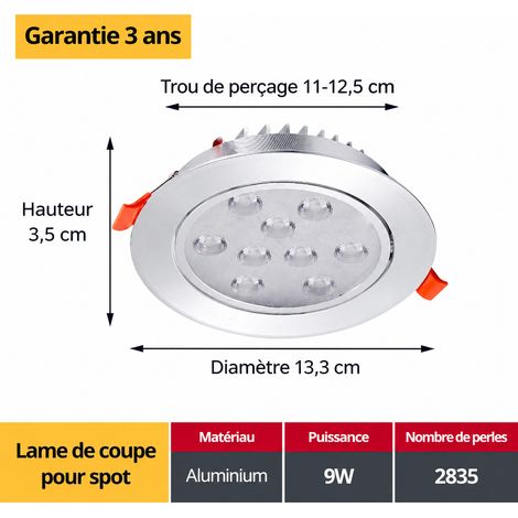Spot encastrable LED aluminium 9W multi-lentilles blanc froid 6000K perçage 11-12,5 cm 9w 13.3 cm 11-12 100 g – Livraison gratuite