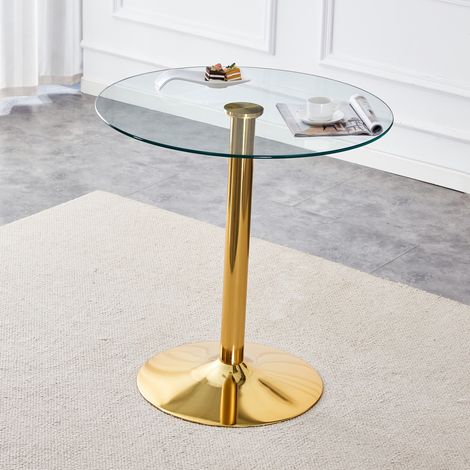 Table de bar ronde 89 cm doré en verre et métal avec plateau transparent et base stable (1/5)