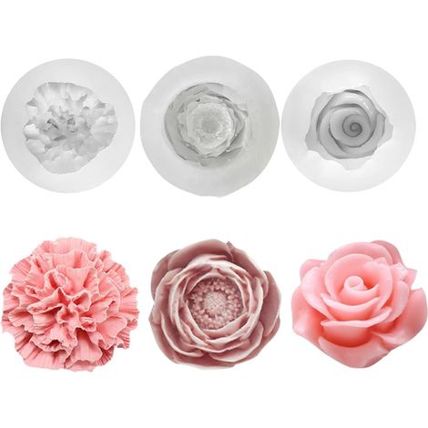 Lot de 3 Moules à Bougies en Silicone, Moule Bougie Silicone Roses - Œillet - Pivoine, Moule Bougie, Moule Silicone Bougie, 3D - Moule de Pâques (1/5)