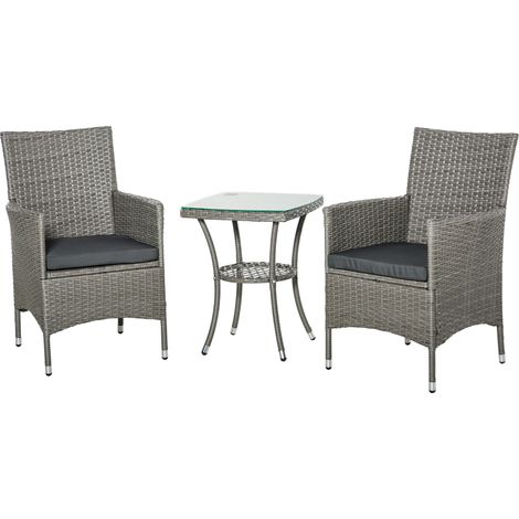 3-teiliges Gartenmöbel-Set aus PE-Rattan und Stahl, bestehend aus 2 Stühlen mit waschbaren Kissen und Armlehnen sowie einem Couchtisch mit Glasplatte, geeignet für Garten, Balkon, Grau