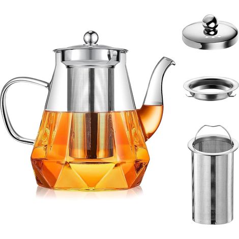Théière avec infuseur 1000 ml - En verre résistant à la chaleur - Avec passoire en acier inoxydable - Passe au lave-vaisselle - Pour thé en vrac, fleurs de thé et tisanes (1/5)