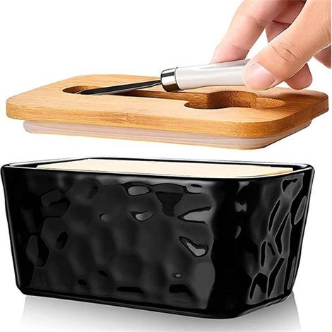 Mantequera con motivo de piedra cerámica - Mantequera con tapa - Juego de mantequeras - Caja para pan y mantequilla - Con cuchillo - Negra (1/5)