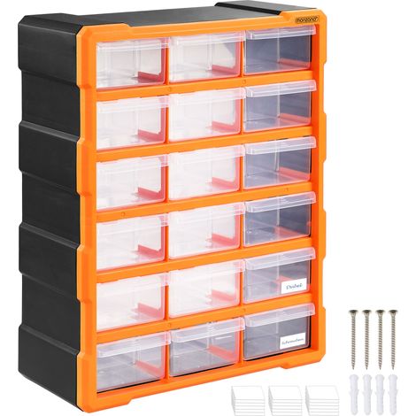 MONZANA® Multi-drawer Organiser with 18 Drawers Tool Organiser 47.5x38x16cm Really Useful Storage Box with 18 Pull Out Drawers Workshop Wall Drawer Cabinet Sewing Nail Bolt Screw Craft Bit Grey/Orange (1/5)