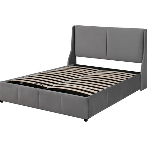 Cama doble tapizada gris 140 x 190 cm con arcón hidráulico (1/5)