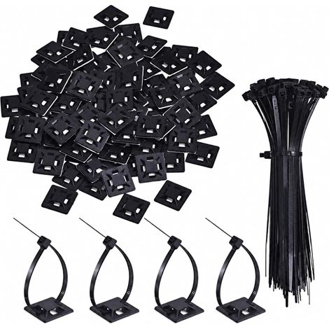 Kit de 200 supports adhésifs noirs pour attaches de fermeture éclair, 100 attaches de câble auto-adhésives et 100 supports de base d'attache de câble, pour la maison, le bureau, le garage et l'atelier