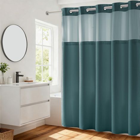 Rideau de douche lourd sans crochets requis, tissage gaufré à pois, doublure à clipser, rideau de bain, 180,3 x 188 cm (l x H), bleu sarcelle (1/5)
