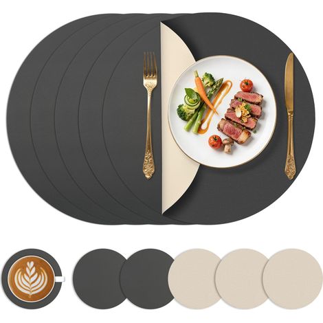 Sets de Table Ø 38cm Dessous de Table, Lot de 6 Set Table et Dessous de Verre en Similicuir, Charcoal Grey + Beige (1/5)