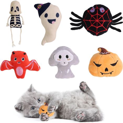 Ensemble de 6 jouets interactifs en peluche sur le thème d'Halloween, avec des motifs de citrouille, fantôme, squelette, chauve-souris, araignée et faucheuse jouets à mâcher et à mordiller pour chat (1/5)