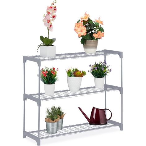 Relaxdays Scaffale Porta Piante a 3 ripiani, Portapiante in Vaso, Fiori e Erbe, Mobile in Acciaio, 72x91x28 cm, Grigio